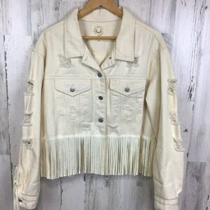 Fantastic Fawn Denim Jacket Distressed Fringe Western Cowgirl Festival Crop